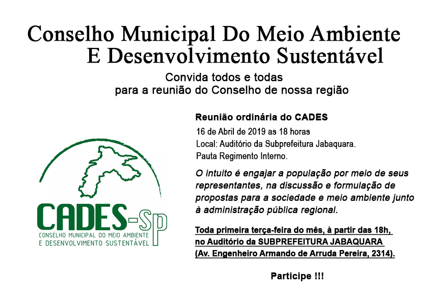 Aviso sobre a reunião do Conselho Municipal do Meio Ambiente e desenvolvimento sustentável, com o logotipo do CADES, horário e dia da reunião